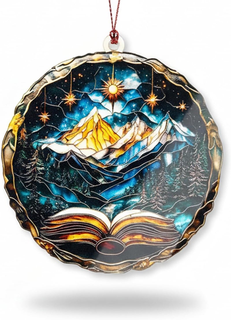NELXI Fantasy Book Ornament 2025, Mountain Starry Night Christmas Ornament, Book Lover Gifts for Women Men, Unique Acrylic Suncatcher Ornament with Card, Secret Santa White Elephant Gift Idea - Image 1
